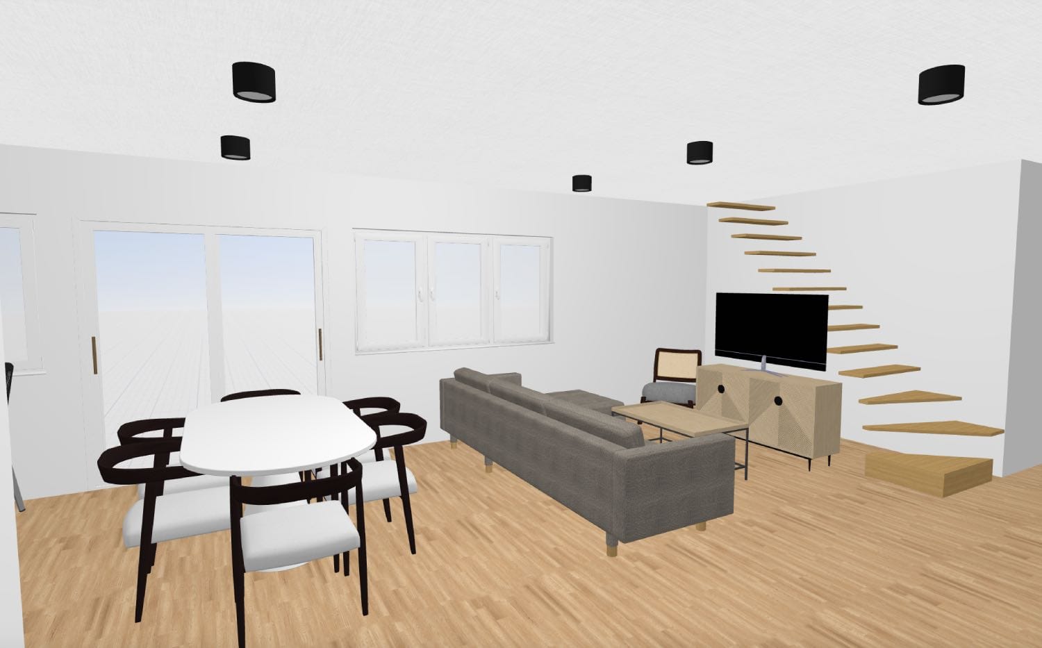 minimal living room with modern stairs