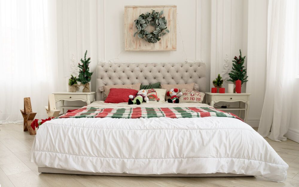 bed decorated for Christmas